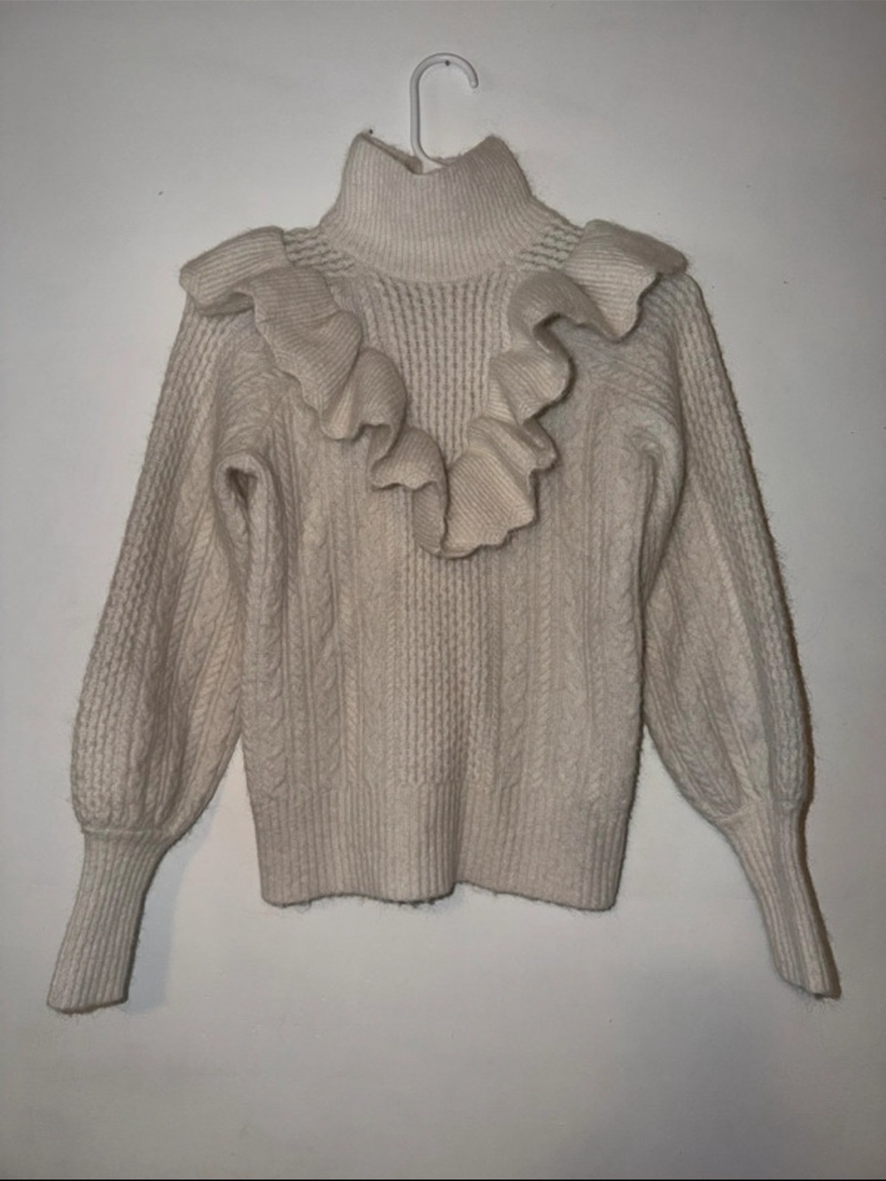 Madewell Cream Ruffle Cable Turtleneck Sweater
